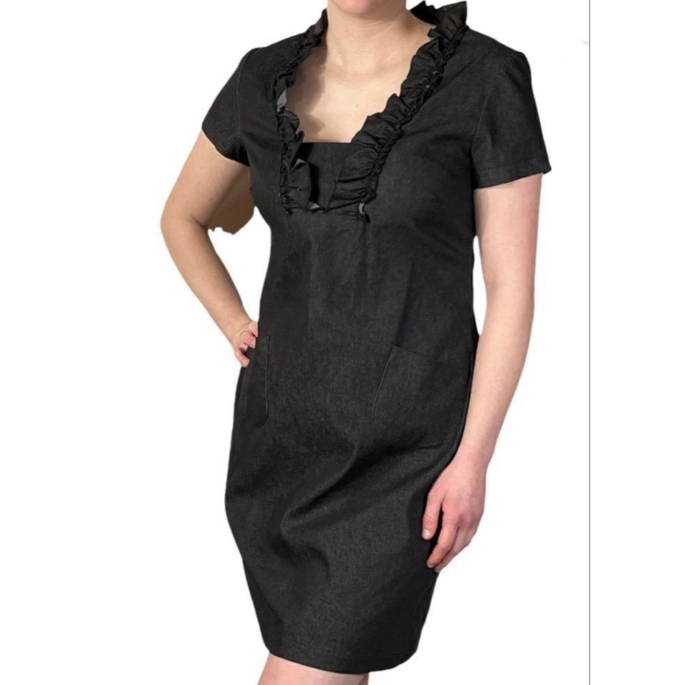 Perceptions New York Fitted Dark Grey Ruffle Neck Knee Length Dress Size 6